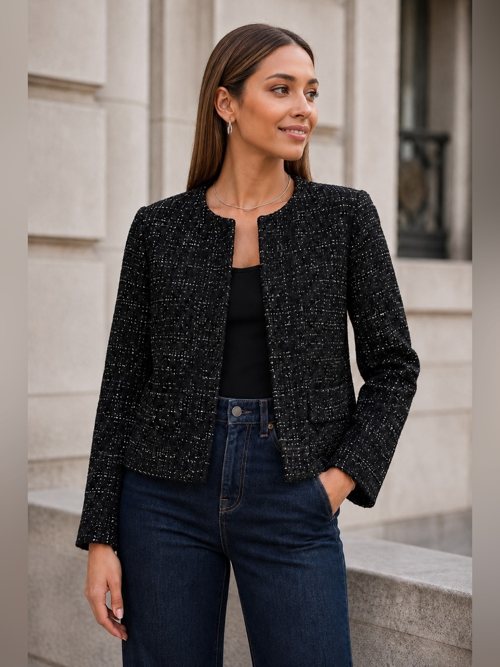 Zara Black White Textured Tweed Jacket Size Medium